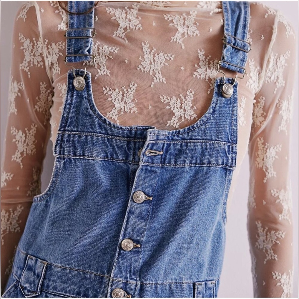 FREE PEOPLE EDDIE DENIM OVERALL MINI DRESS SKIRTALL XS NWT - Picture 4 of 15